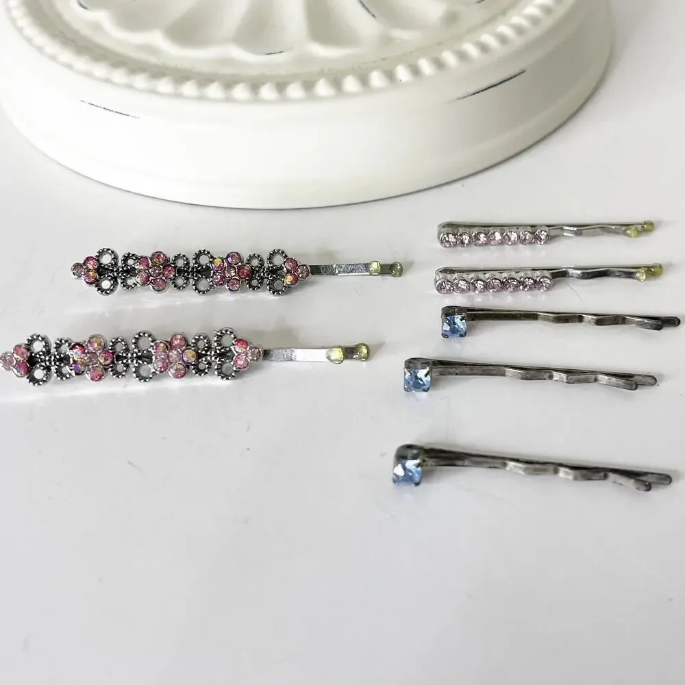Lot‎ of 7 Vintage Y2K Rhinestone Silver Bobby Pins 90s Fashion Glam Sparkle